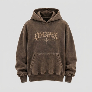 เสื้อฮู้ดดี้สีน้ำตาลลายกราฟิกสไตล์โกธิคทรงโอเวอร์ไซส์สำหรับผู้ชาย ผ้าฝ้ายฟลีซ สตรีทแวร์ ขายส่ง ONEAPEX - Product Image 2