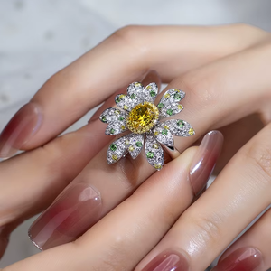 Women's White Gold <b>Diamond</b> <b>Ring</b> With Oval Fancy Yellow Center And Pavé Accents IGI Certified Luxury Flower Design - Product Image 5
