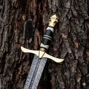 ดาบเหล็กดามัสกัสตีขึ้นรูปด้วยมือ สไตล์ไวกิ้ง พร้อมปลอกไม้แกะสลัก แบบยุคกลางนอร์ส สำหรับนักรบตั้งแคมป์กลางแจ้ง พร้อมปลอกดาบ - Product Image 2