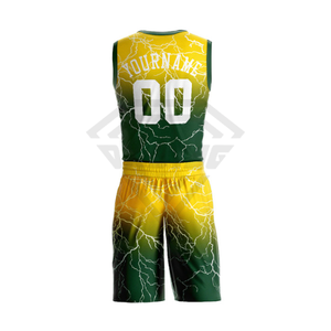 Uniformes de Baloncesto Sublimados Personalizados, Estampado Verde Amarillo Relámpago, Jersey y Pantalones Cortos Deportivos para Hombre, Venta Directa de Fábrica OEM - Product Image 1