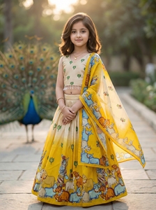 Conjunto de Lehenga Choli para Niñas, Estilo Étnico, Completamente Cosido, Largo hasta el Suelo, con Estampado Kalamkari, Top Corto y Falda, Ropa Tradicional India - Product Image 5