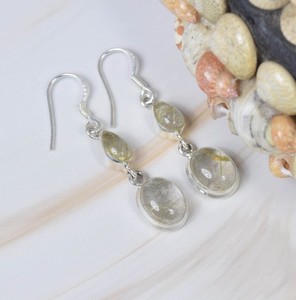 Boucles d'oreilles pendantes en quartz rutilé doré naturel double pierre, en argent sterling 925, faites à la main, vente en gros - Product Image 2