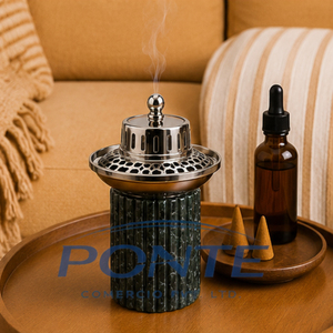 Green Marble Stone Bakhoor Burner with Metal Grill Lid Antique Middle East Mabkhara for Oud Incense & Home Fragrance <b>Decor</b> - Product Image 4