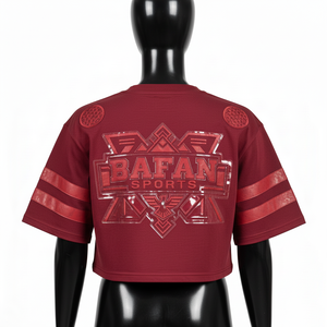 เสื้อครอปท็อปผู้หญิงผ้าคอตตอนเจอร์ซีย์ แขนเสื้อลายทาง แผ่นปะไหล่  โลโก้แบบสั่งทำ เสื้อครอปท็อปผู้หญิงผ้าฝ้าย - Product Image 5