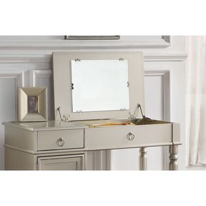 Set Toeletta da Camera da Letto Color Argento con Sgabello, Specchio Apribile, Spazio Contenitore, Cassetti e Maniglie ad Anello in Legno di Gomma - Product Image 5