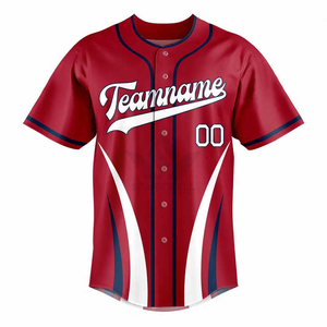 Maillot de baseball pour homme rouge, blanc et bleu, manches courtes, sublimé, personnalisé avec le nom de l'équipe, boutons sur le devant, polyester, coupe classique, uniforme - Product Image 1