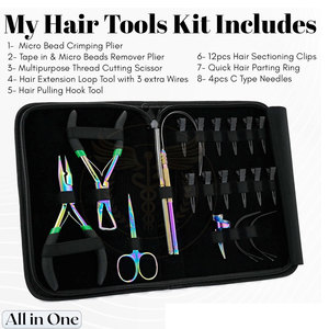 QORVEX INSTRUMENTS Kit Complet d'Outils en Acier Inoxydable pour Extensions de Cheveux, Pince à Sertir les Micro-Anneaux, Pinces de Sectionnement, Application - Product Image 1