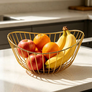 Panier de rangement pour fruits en fil de fer rectangulaire moderne personnalisé, multifonctionnel, avec fond en bois, poignée écologique, pour la cuisine - Product Image 5