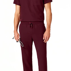 Blusa Médica para Hombre, Color Borgoña, Cuello en V, con Bolsillo en el Pecho, Uniforme de Hospital, Tela de Algodón y Poliéster - Product Image 3