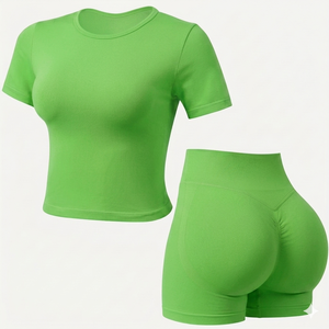 MANUFACTURER primium quality Custom Womens Seamless parret <b>green</b> yoga <b>Set</b> Short Sleeve Fitness Top High Waist Scrunch <b>Gym</b> fit - Product Image 1