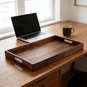 Rectangle <b>Wooden</b> Serving Tray With Handles <b>Rustic</b> Decorative Tray For Tea Floral Theme Walnut Finish Restaurant Walnut Wood tray - Product Image 5