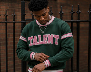 <b>Men's</b> Custom Green Crewneck Sweatshirt with <b>Pink</b> Chenille Varsity Lettering Striped Sleeves and Ribbed Hem - Product Image 2