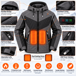 เสื้อแจ็คเก็ตอุ่นด้วยแบตเตอรี่แบบ USB สำหรับฤดูหนาว มีฮู้ด ควบคุมอุณหภูมิอัจฉริยะ สำหรับผู้ชายและผู้หญิง รับผลิตตามสั่ง - Product Image 6