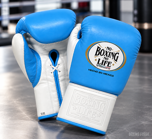 นวมชกมวยหนังแท้ No Boxing No Life ขนาด 04 ออนซ์ - 24 ออนซ์ แบบผูกเชือก อุปกรณ์ฝึกซ้อมสำหรับผู้ใหญ่ สีน้ำเงินขาว ผลิตในเม็กซิโก - Product Image 6