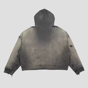 Custom Streetwear Embroidery Heavy Weight Sun Faded <b>Zip</b> up Acid Wash Sweatshirt Rhinestone Boxy <b>Cropped</b> Distress <b>Hoodies</b> for Men - Product Image 2