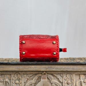 Luxury Red Leather Handbag Top Handle Zipper Closure Embossed Floral Design <b>Playing</b> <b>Cards</b> Motif - Product Image 3