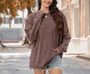 T-shirts à manches longues pour femmes, grandes tailles, coupe ample, délavés à l'acide, style vintage décontracté, col rond, confortables, direct usine - Product Image 3