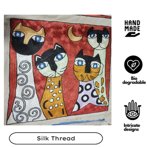 Kashmiri Artisan Silk Thread Cat Embroidered Cushion <b>Cover</b> Cotton 16 Inch Sustainable <b>Throw</b> Pillow Case Eco Friendly Zip Closure - Product Image 2