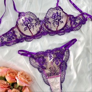 Wholesale Floral Embroidery Lingerie Set Sexy Sheer Mesh Underwire Bra and Thong Panties Set 2 Piece Bow Lace <b>Underwear</b> Set - Product Image 6