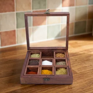 Boîte à épices en bois artisanale avec couvercle et cuillère, organisateur d'épices de cuisine à 9 compartiments, conteneur de rangement pour épices en bois - Product Image 6