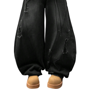 Jean baggy décontracté pour homme, noir délavé et vieilli, coupe large, taille haute, ample, respirant, 100 % coton, couleur unie - Product Image 5