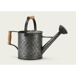 Vintage Galvanized Metal Watering Can with Diamond Embossed Pattern and Dual Wooden Handles Decorative Rustic Farmhouse Style - Product Image 1