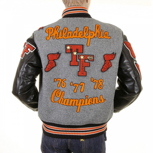Men's Gray Woolen Varsity <b>Jacket</b> Wool Sleeves <b>Patchwork</b> Design Embroidered Logo Turn-down Collar Winter Windproof Breathable - Product Image 4