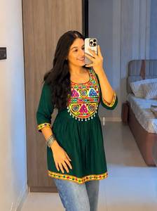 Leranath Fashion Black <b>Embroidered</b> Indian Pakistani Women's <b>Tunic</b> 3/4 Sleeve Ethnic Style Navratri Special Gamthi Work Rayon - Product Image 2
