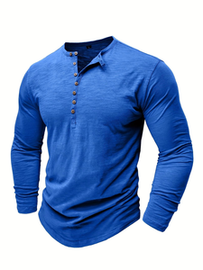 Men's Short Sleeve Henley T-Shirt Solid Blue Knitted Cotton Slim Fit Casual Regular Length Breathable Button-Up 180g Enzyme Wash - Product Image 4
