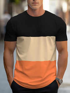 Camiseta de punto de manga corta para hombre con bloques de color, cuello redondo, ajuste regular, diseño casual liso, 100% algodón, antiarrugas, estilo Hip Hop - Product Image 2