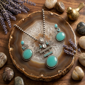 DIVYORO Women's Turquoise Teardrop <b>Statement</b> Ethnic Adjustable Oxidized Silver <b>Necklace</b> and Earrings Set - Product Image 2