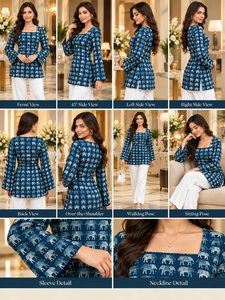 Square Neck Lantern Sleeve Printed <b>Kurta</b> Viscose Cotton Animal Pattern Blue White Pants Set <b>Women</b> Casual Daily Wear - Product Image 5