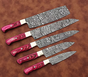 Ensemble de cuisine 5 pièces en acier Damas fait main, manches en bois d'olivier, ambidextre, étui en cuir véritable, couteau de chef, couteau à pain, couteau à steak, couteau à fruits - Product Image 4
