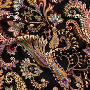 Tissu de rideau de luxe Botanique Noir en crêpe plat rétro peigné et résistant à l'eau, motif Kalamkari Giardino Notturno, qualité supérieure, couleur Minuit - Product Image 3