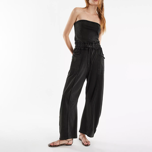<b>Women</b> Strapless Mid Waist Sleeveless Jumpsuit Pockets Loose Black Full Length Solid Color Cotton Casual One Piece Wide Leg Pants - Product Image 1