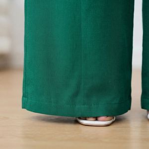 <b>Women's</b> Solid Green Wide Leg Pants High Waist Elastic <b>Loose</b> Fit Full Length Casual Autumn Style Plain Dyed Cotton <b>Trousers</b> - Product Image 5