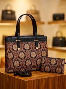 Sac fourre-tout en jacquard damassé royal fait main avec pochette assortie - Product Image 2