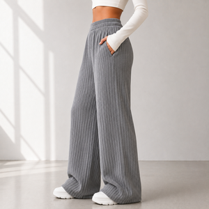 High Waist Wide Leg <b>Pants</b> Knitted Cotton Spandex Elastic Waist Loose Fit Full Length Solid Gray Casual <b>Pants</b> - Product Image 3