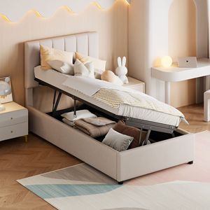 Letto matrimoniale imbottito beige con piattaforma e sistema di stoccaggio idraulico - Product Image 1