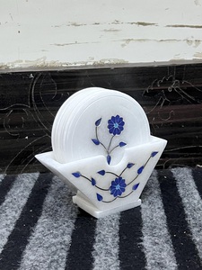Juego de Posavasos de Mármol Blanco Hechos a Mano con Soporte, Posavasos Redondos de Mármol con Incrustaciones Florales Azules para Bebidas, Té y Café - Product Image 2