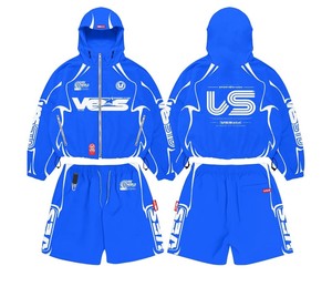 VES Unisex Blauer Kapuzen-Trainingsanzug Set Schnelltrocknend 100% Nylon Sportlich Langarm Winter Shorts Locker Sitzend Kordelzug Streetwear - Product Image 1