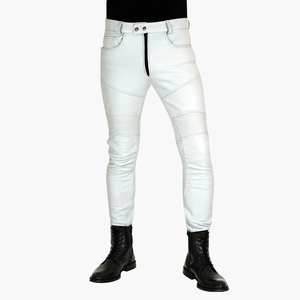 Pantalon d'hiver pour homme en cuir véritable blanc, grande taille, avec fermeture boutonnée, coupe protectrice, à porter avec des bottes noires - Product Image 3