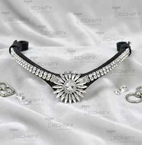 Frontal de boulangerie en cuir noir pour cheval, avec centre en strass transparents motif tournesol - Product Image 2
