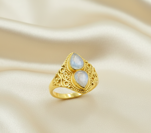Anillo vintage de plata 925 con piedra lunar arcoíris, hecho a mano, filigrana, estilo bohemio, con forma de pera, doble piedra, regalo de Navidad para ella. - Product Image 5