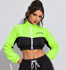 <b>women</b> cropped windbreaker jacket wholesale <b>neon</b> green color block track jacket lightweight zip up crop top athletic coat fit - Product Image 3