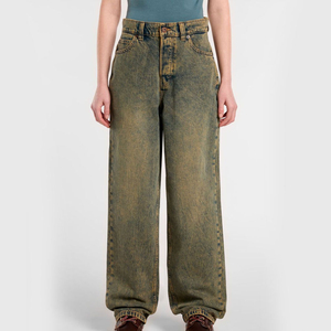 Overoles de Lona Holgados Personalizados Estilo Streetwear para Mujer, Lavado Medio Desgastado, Algodón Transpirable, Mezclilla Vintage, Ajuste Curvo a la Moda - Product Image 1