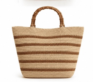Sac cabas en paille avec poignée en bambou, style bohème rayé, ouvert, pour la plage, sac à main pour femme - Product Image 5