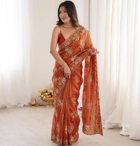 Designer Fandy <b>Satin</b> <b>Saree</b> With C Pallu Beads Embroidery Work With Sequence And Cut Work Border Paired With Fandy <b>Satin</b> Blouse - Product Image 2