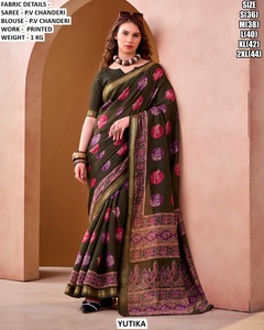 YUTIKA Printed PV Chanderi <b>Saree</b> With Blouse Black <b>Purple</b> Green Floor Length Traditional Wear For Women - Product Image 6