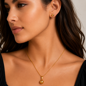 18ct Yellow Gold Minimalist Ball Pendant <b>Stud</b> <b>Earrings</b> Set for Women High Polish Daily Wear Party Gift Jewelry - Product Image 1